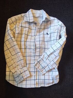 Boy's H&M Beige Button-Down Shirt with Navy/Brown Windowpane Grid